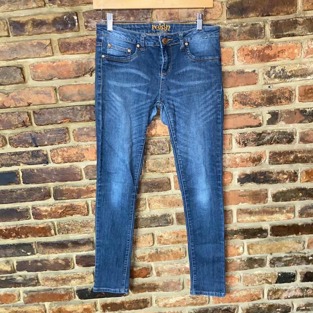Reign Faded Dark Wash Blue Denim Mid-Rise Skinny Jeans Junior's Size 9